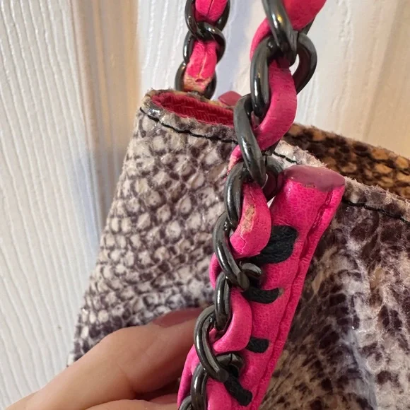 Poppie Snake Print Shoulder Hobo Bag Pink and Graphite Color Accents Chain Large - Picture 4 of 12